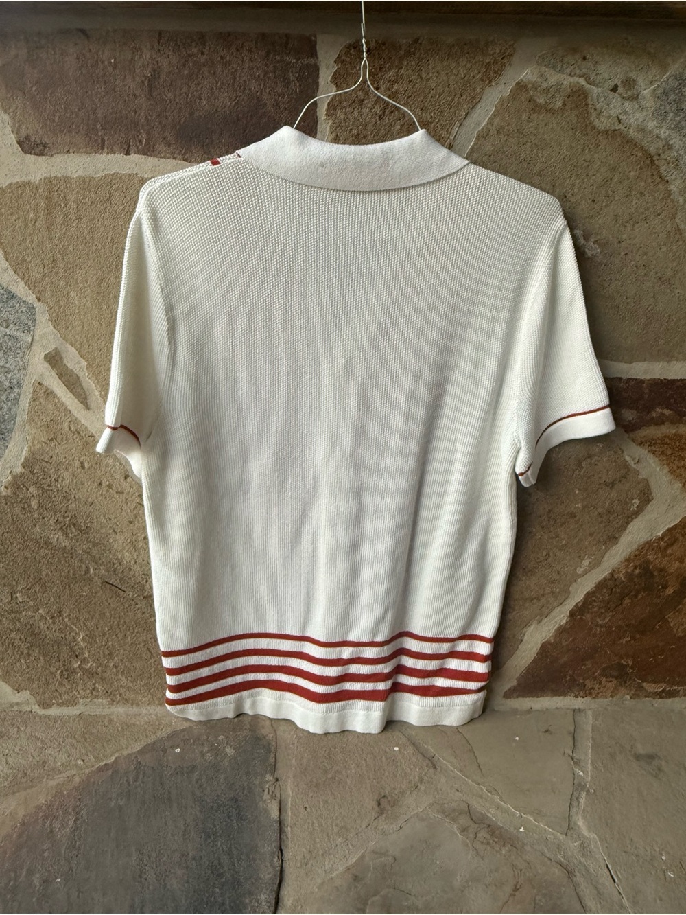 Express Cream Short Sleeve Button-Front Knit with Rust-Orange Stripes - Picture 3 of 8